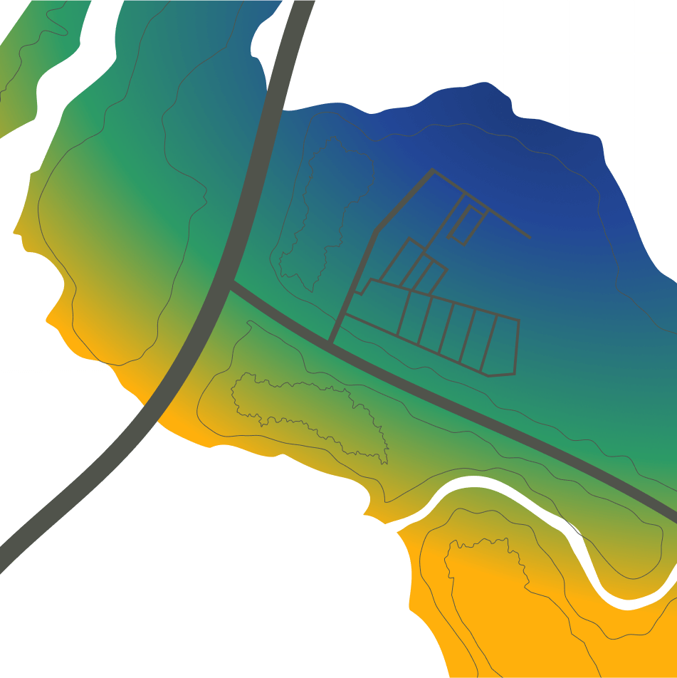 city map featuring vibrant green and blue colors, highlighting various districts and landmarks