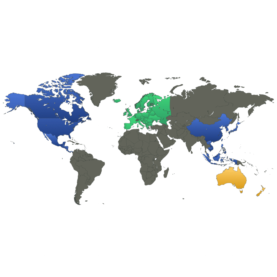 map illustrated in blue, green, and yellow, highlighting various geographical regions and features