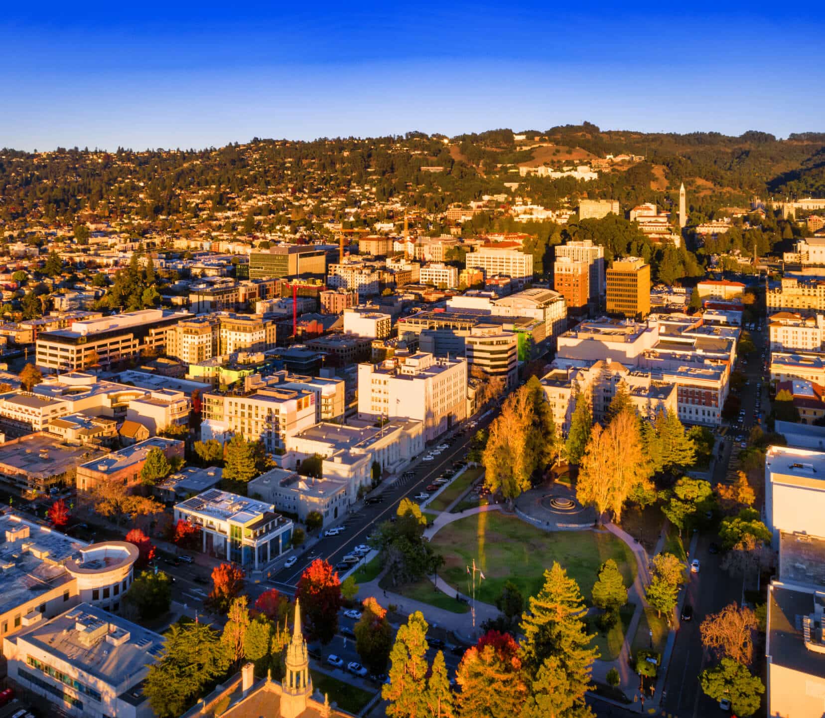 vibrant cityscape featuring numerous buildings surrounded by lush green trees